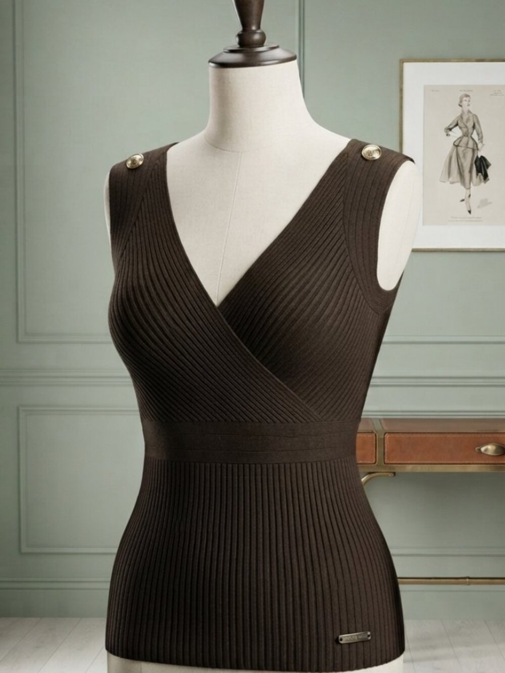 Morgan de toi-
Ribbed Knit Women’s Sweater Tank - Dark Khaki